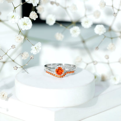 Certified Lab Grown Orange Sapphire Engagement Ring with Diamond Wedding Band