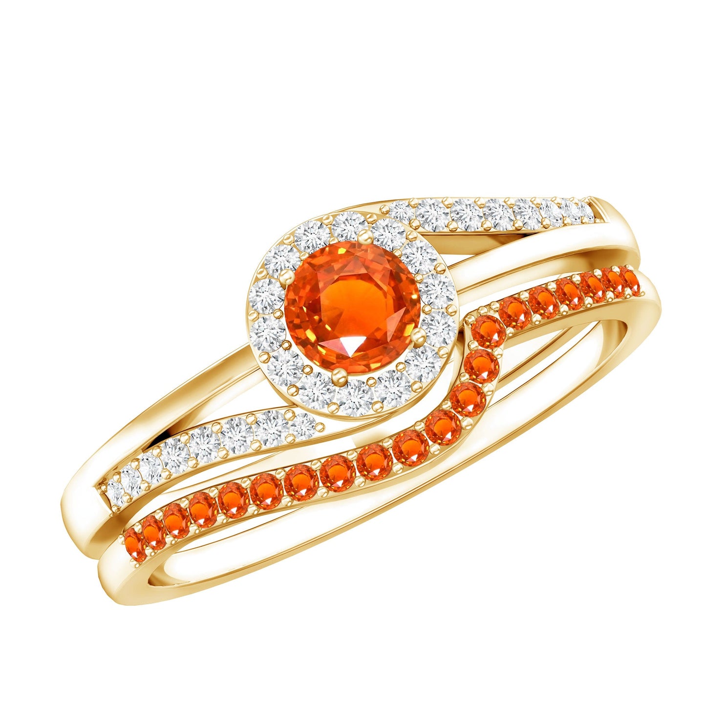 Certified Lab Grown Orange Sapphire Engagement Ring with Diamond Wedding Band