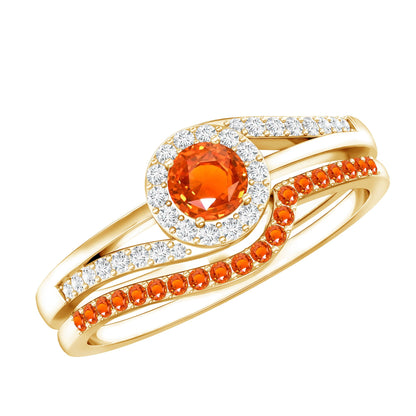 Certified Lab Grown Orange Sapphire Engagement Ring with Diamond Wedding Band