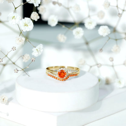 Certified Lab Grown Orange Sapphire Engagement Ring with Diamond Wedding Band