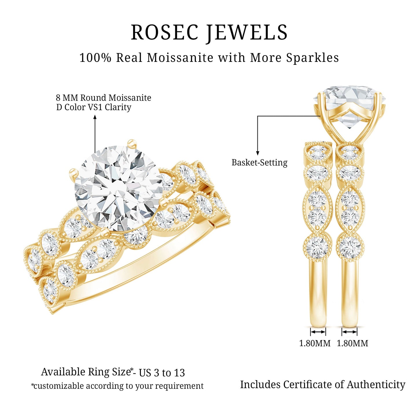 2 Carat Brilliant Cut Moissanite Bridal Ring Set