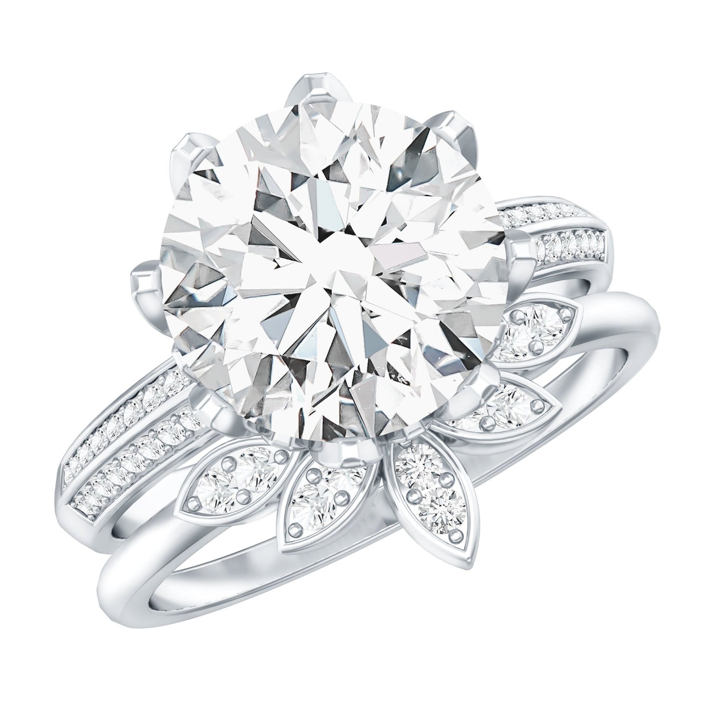 4.4 Carat Round Moissanite Flower Engagement Ring With Enhancer
