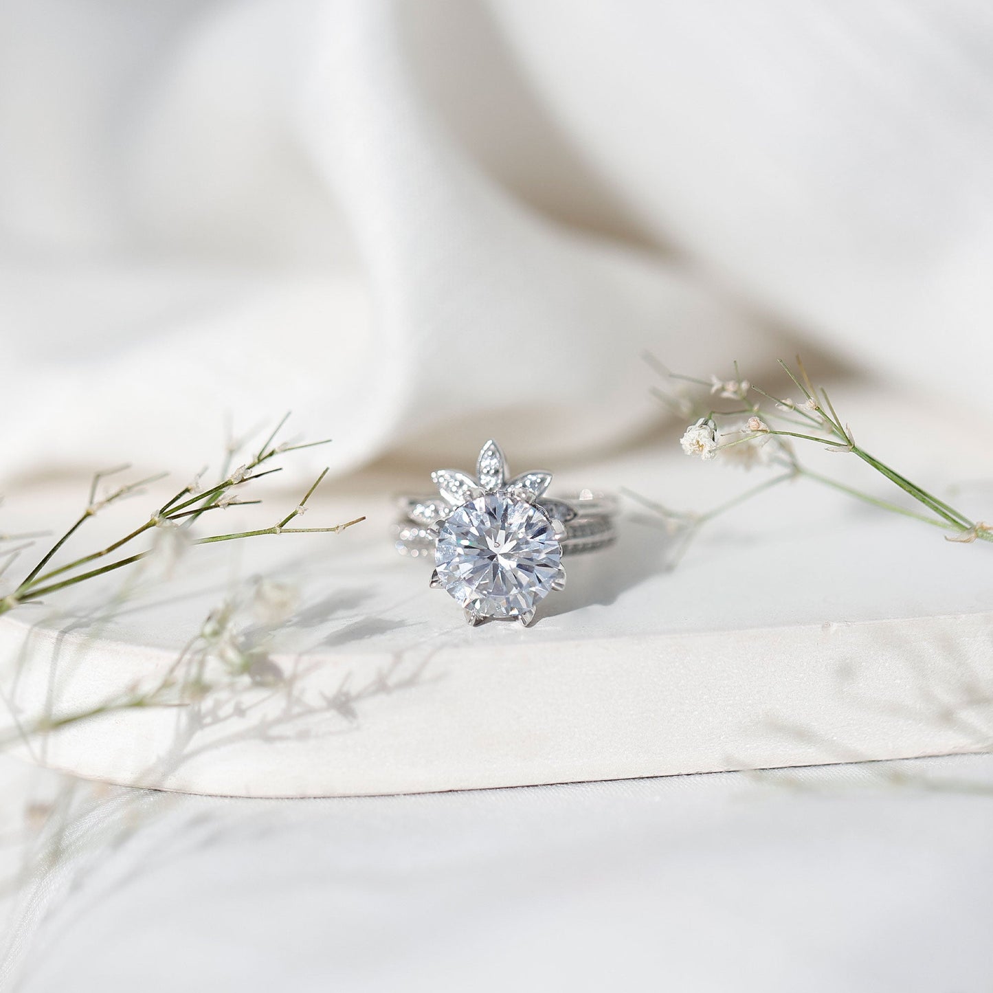 4.4 Carat Round Moissanite Flower Engagement Ring With Enhancer