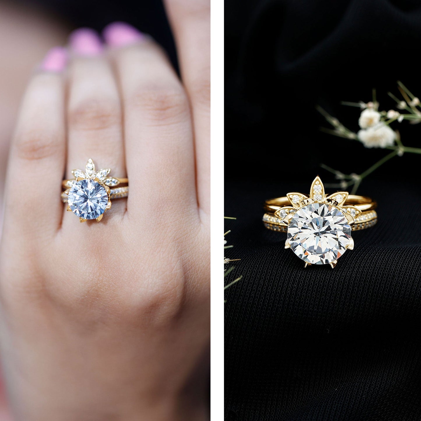 4.4 Carat Round Moissanite Flower Engagement Ring With Enhancer