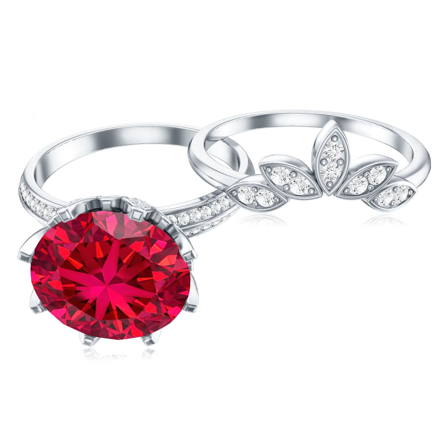 Lab Grown Ruby Flower Bridal Engagement Ring Set with Moissanite