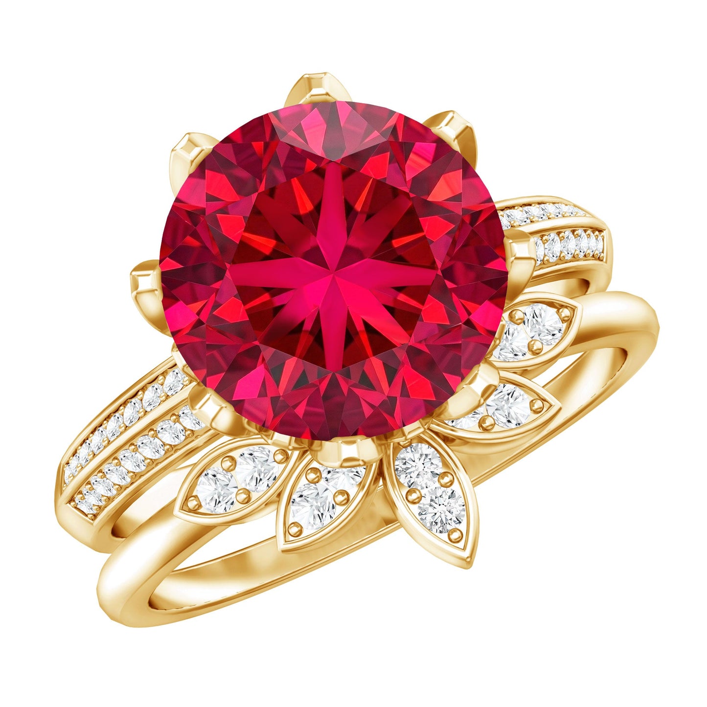 Lab Grown Ruby Flower Bridal Engagement Ring Set with Moissanite