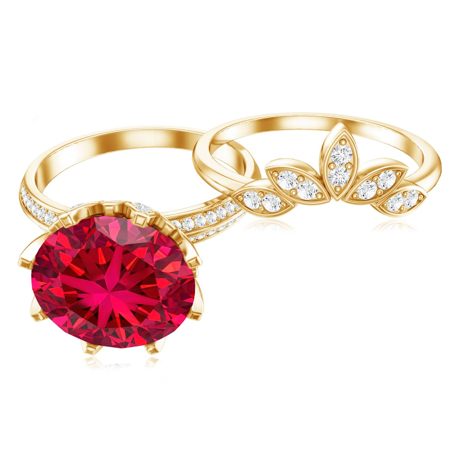 Lab Grown Ruby Flower Bridal Engagement Ring Set with Moissanite