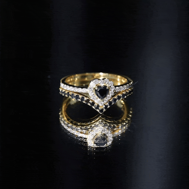 Black Onyx and Diamond Heart Engagement Ring With Ring Guard