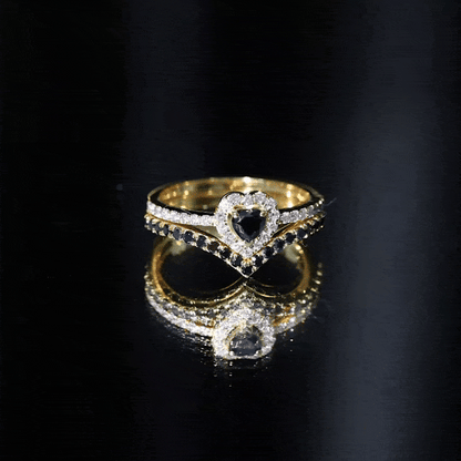 Black Onyx and Diamond Heart Engagement Ring With Ring Guard