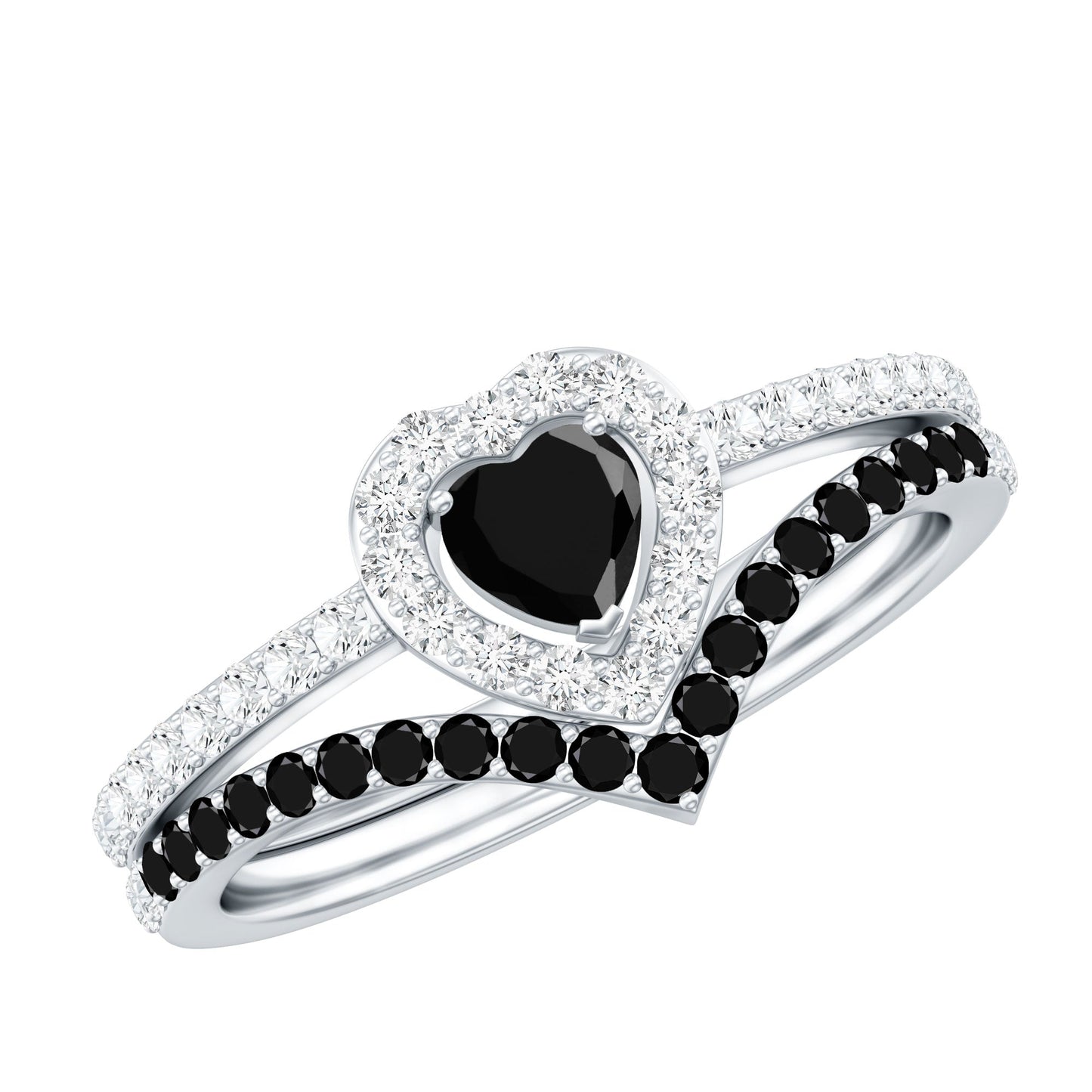 Black Onyx and Diamond Heart Engagement Ring With Ring Guard