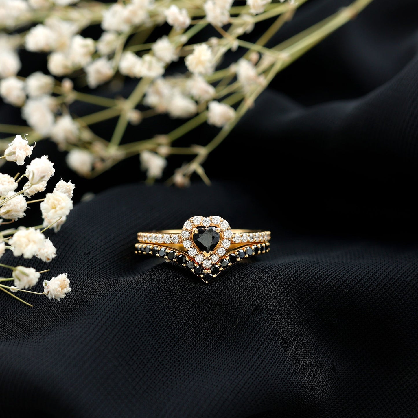 Black Onyx and Diamond Heart Engagement Ring With Ring Guard