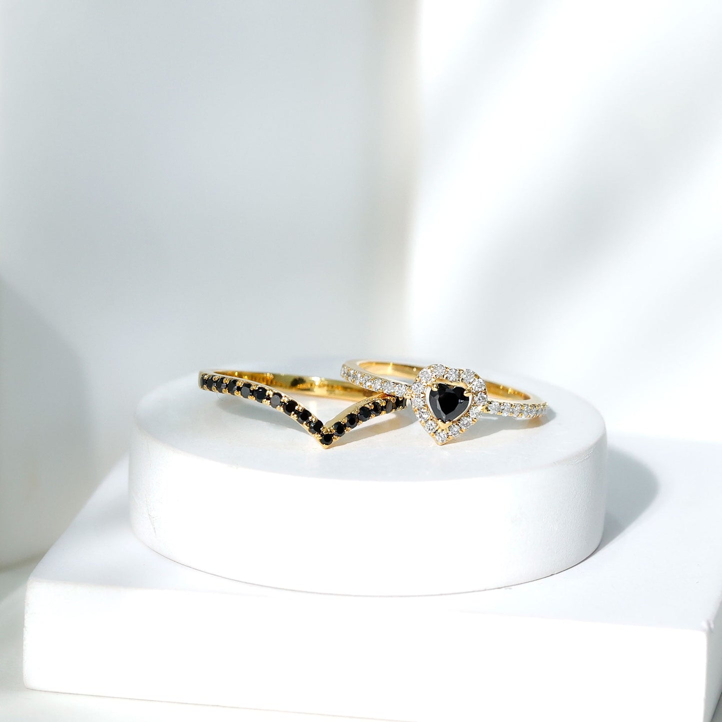 Black Onyx and Diamond Heart Engagement Ring With Ring Guard