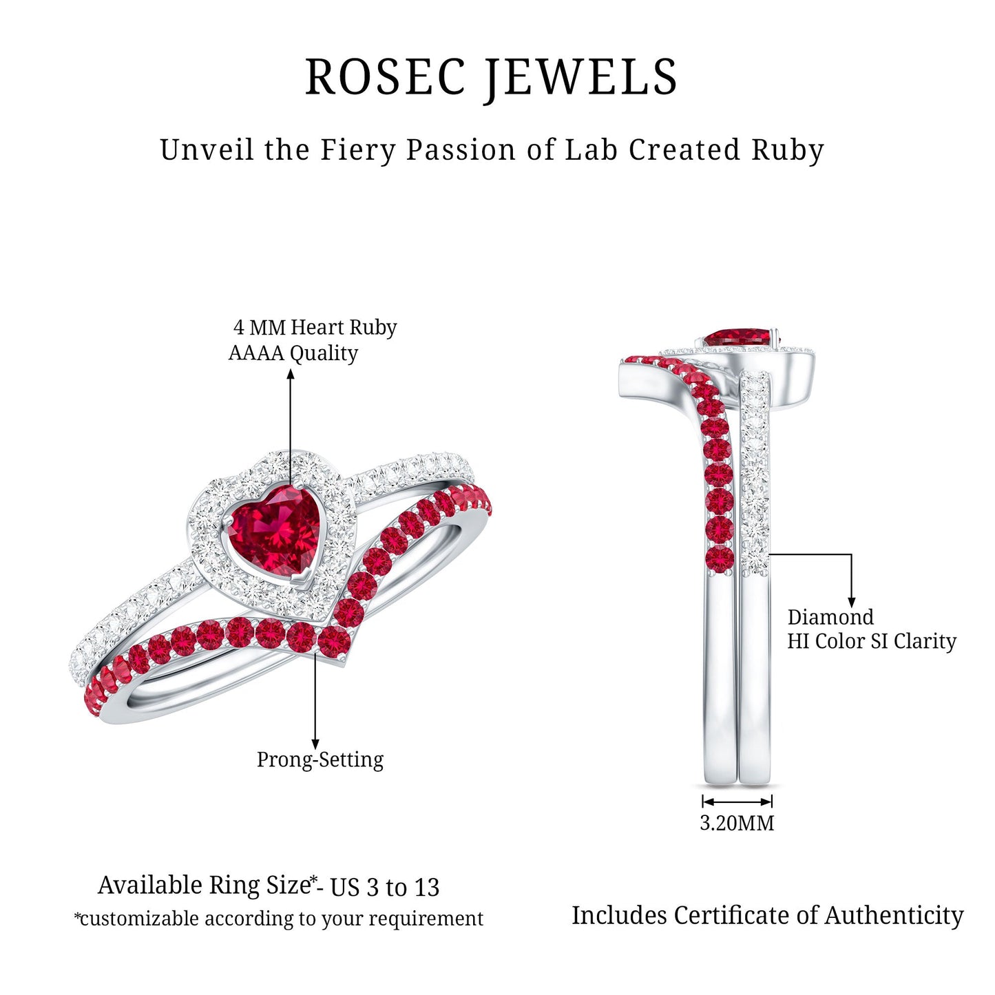 Lab Created Ruby and Diamond Heart Wedding Ring Set