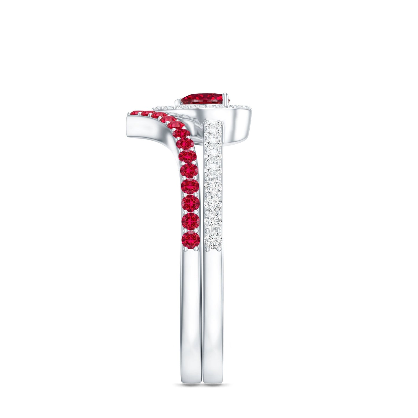 Lab Created Ruby and Diamond Heart Wedding Ring Set