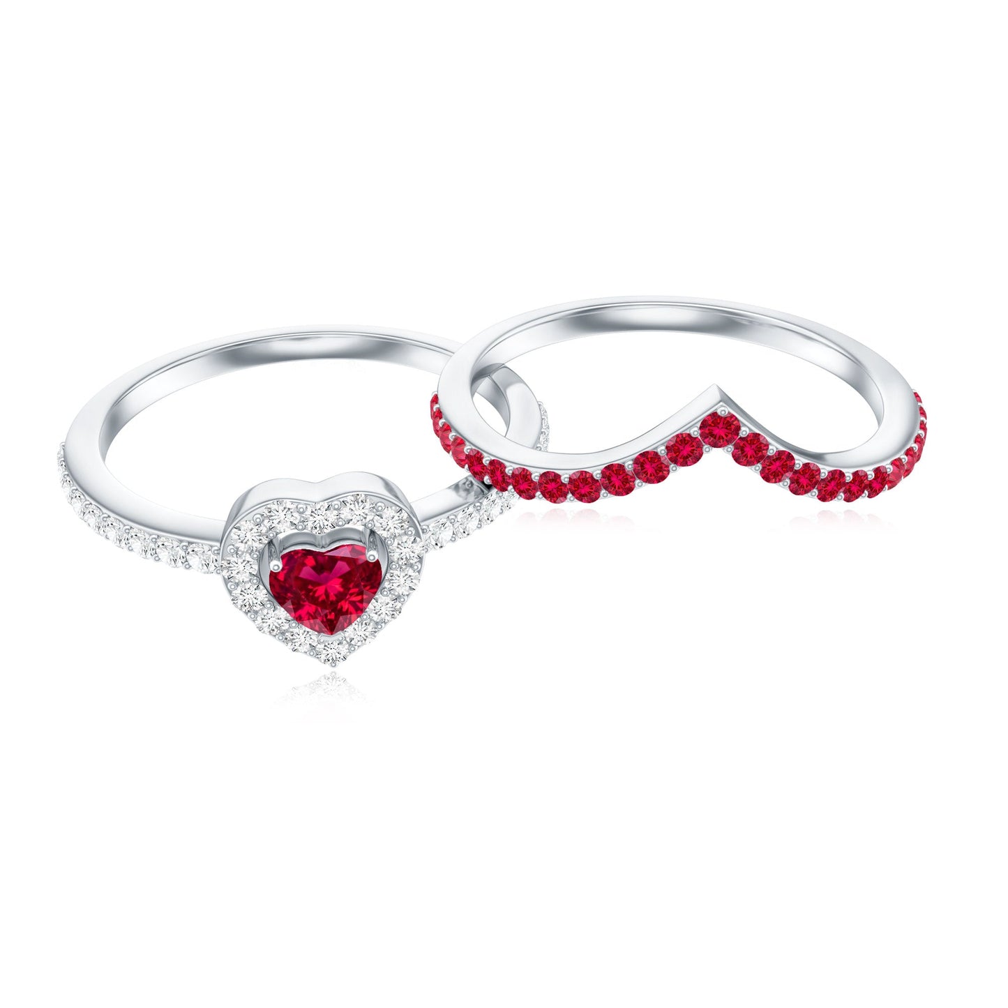 Lab Created Ruby and Diamond Heart Wedding Ring Set