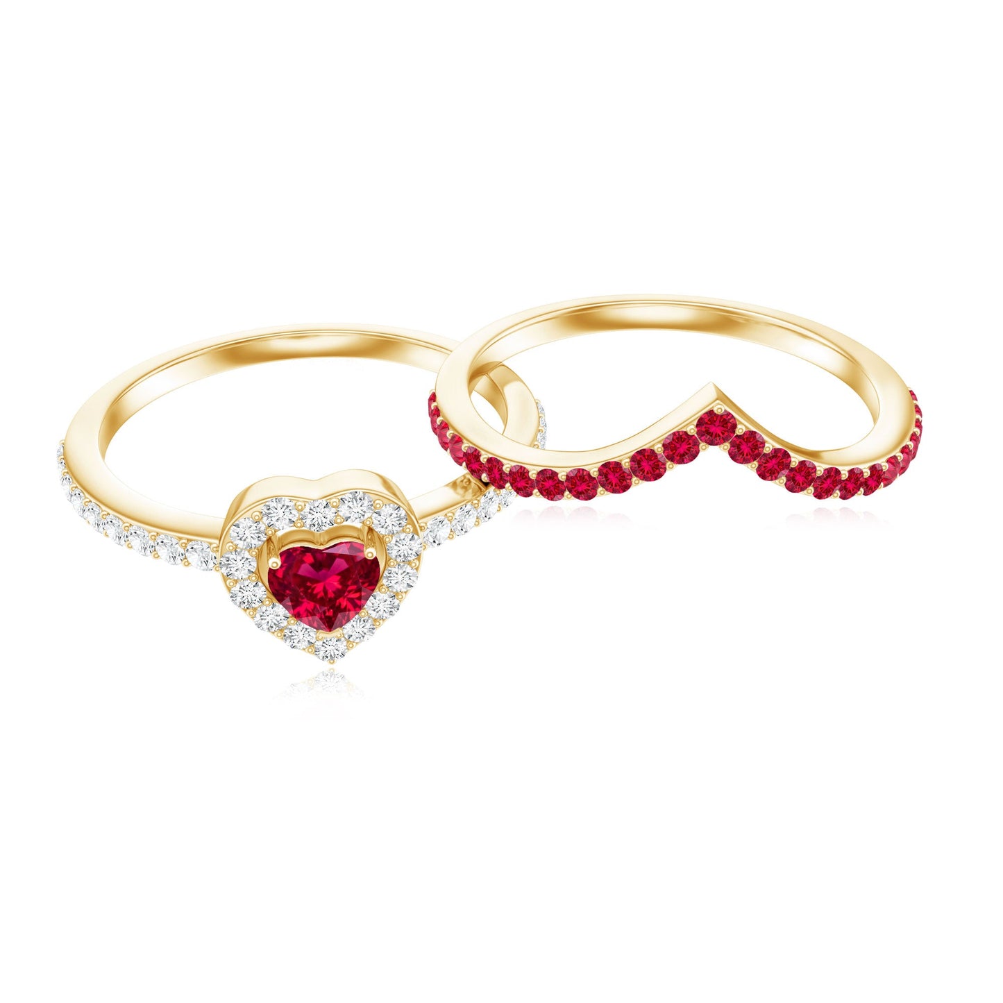 Lab Created Ruby and Diamond Heart Wedding Ring Set