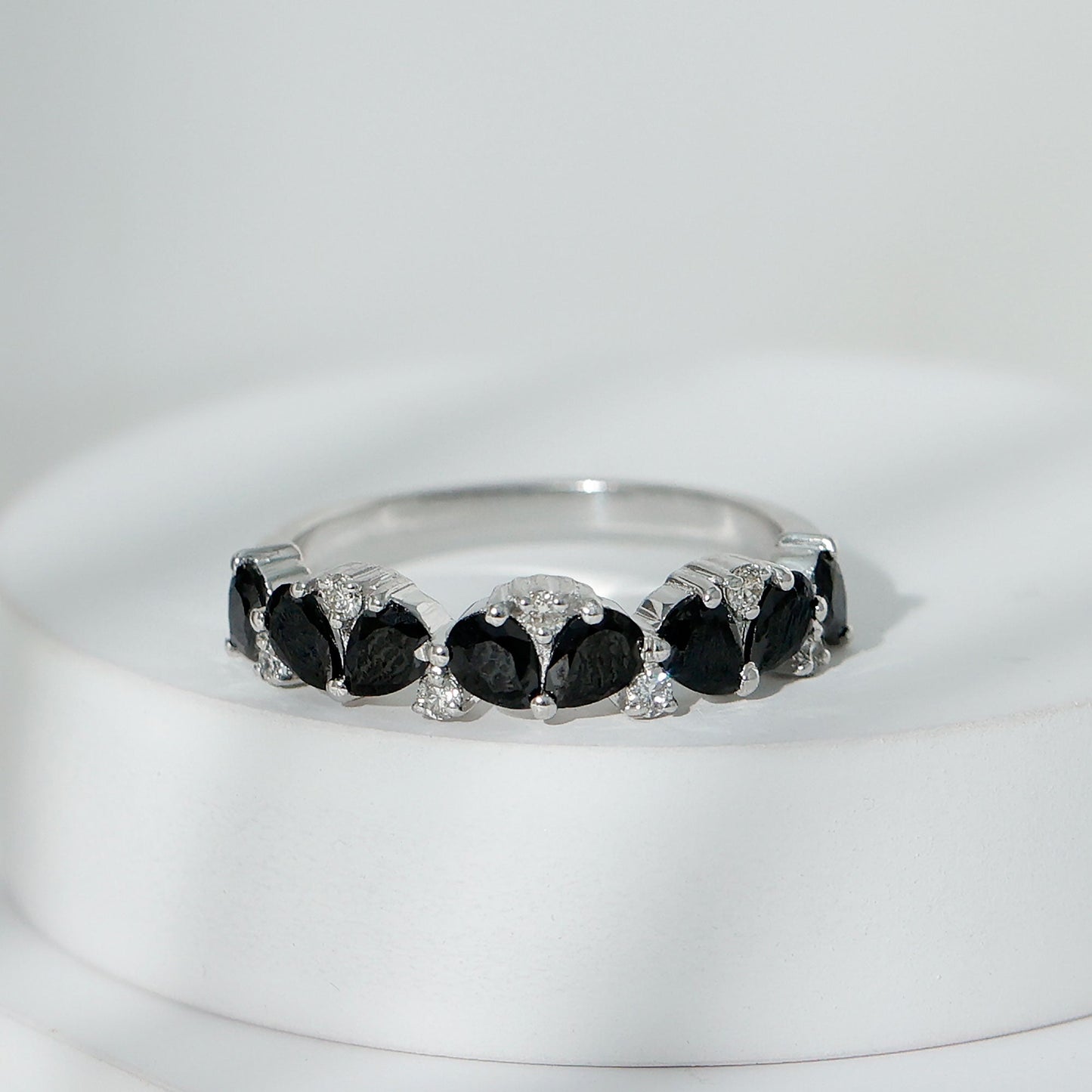 Natural Black Onyx and Diamond Half Eternity Band Ring