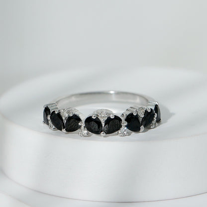 Natural Black Onyx and Diamond Half Eternity Band Ring