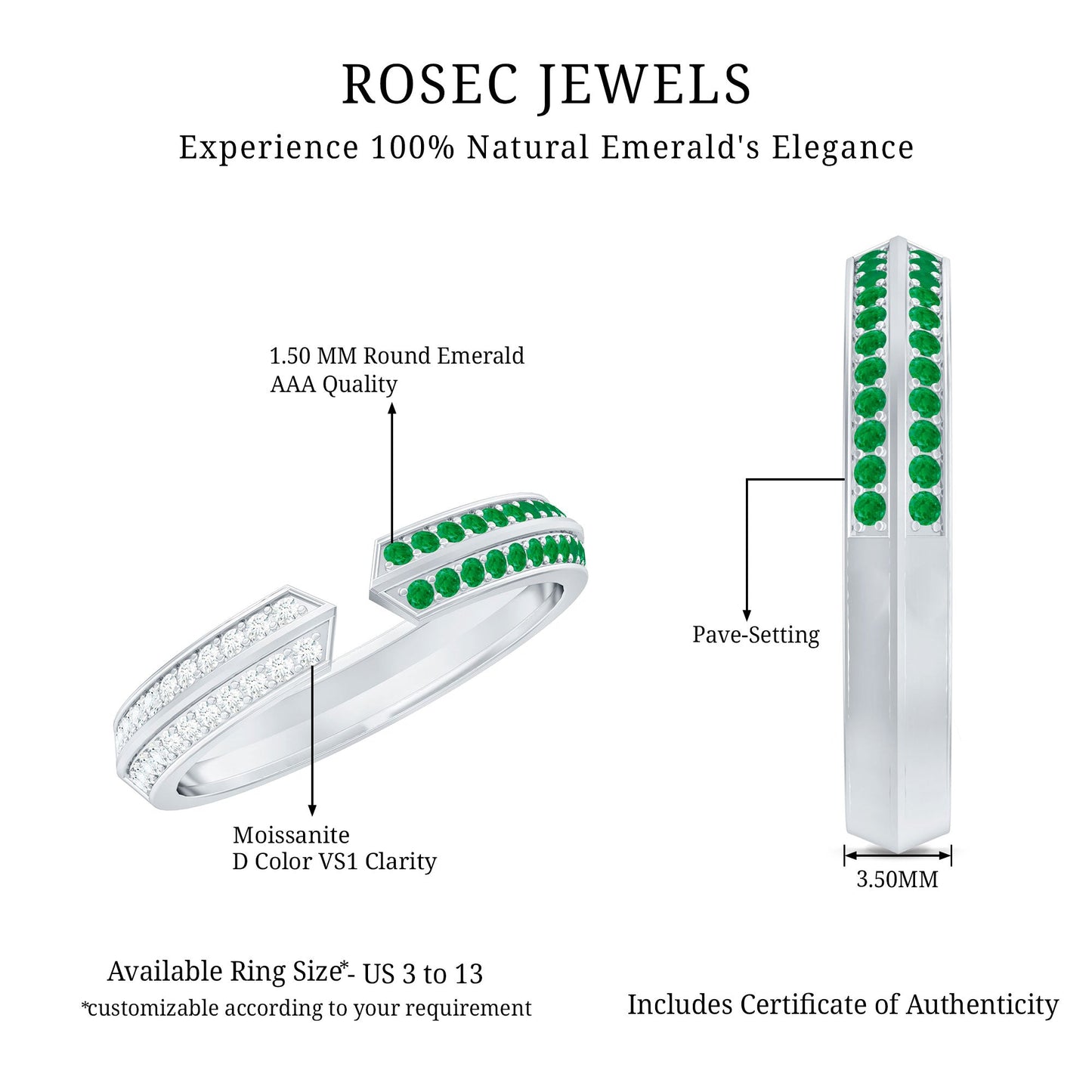 Contemporary Emerald and Diamond Open Wedding Band Ring