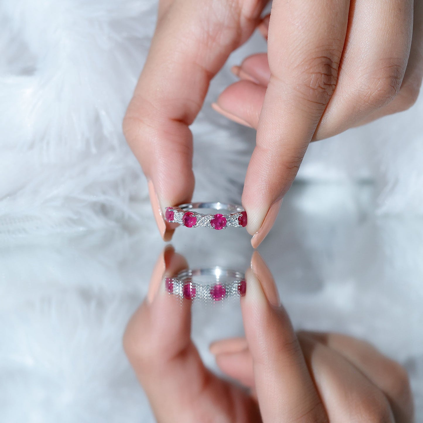 Natural Ruby Half Eternity Anniversary Band Ring with Diamond