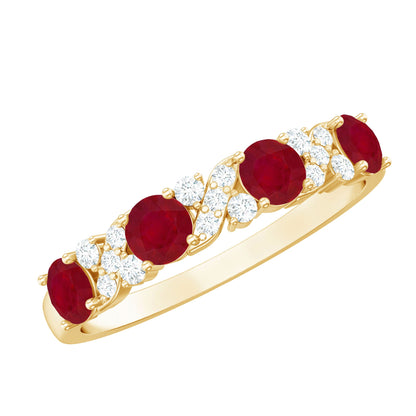 Natural Ruby Half Eternity Anniversary Band Ring with Diamond