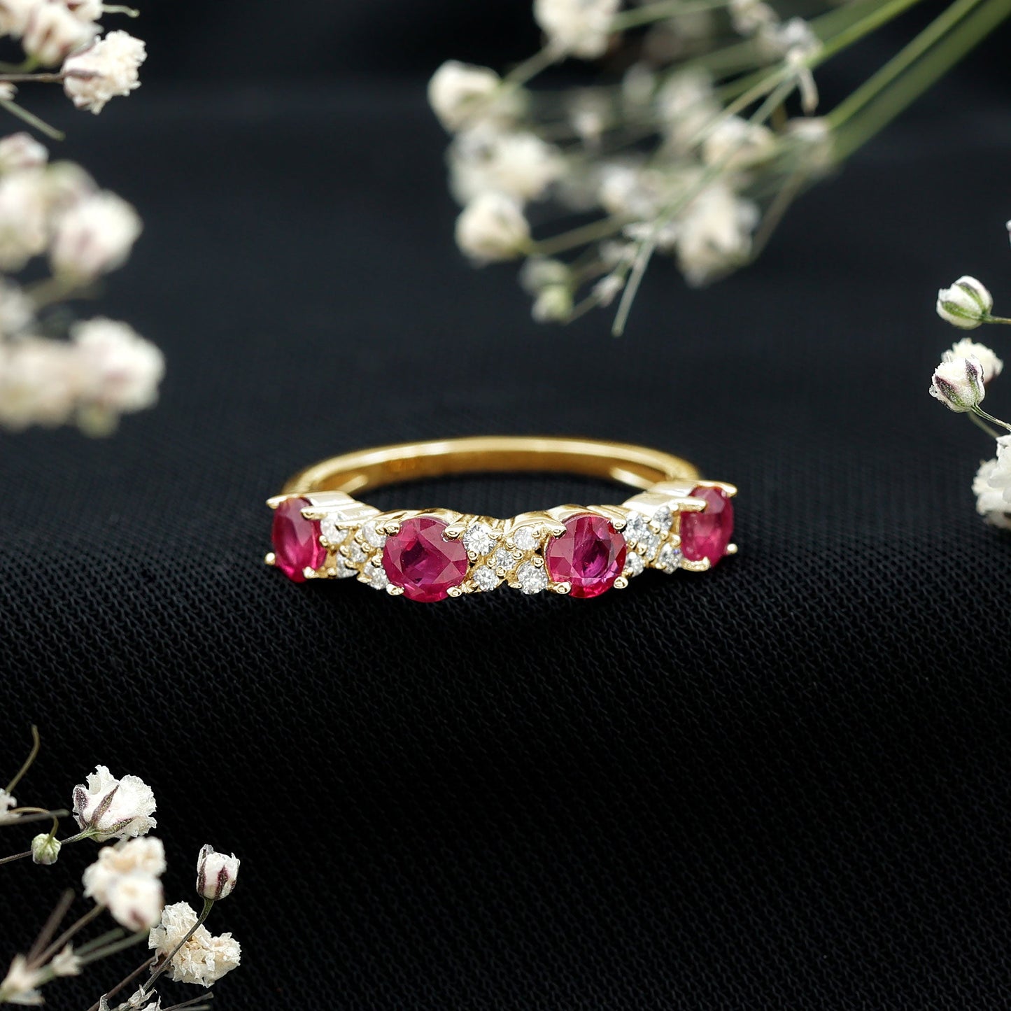 Natural Ruby Half Eternity Anniversary Band Ring with Diamond