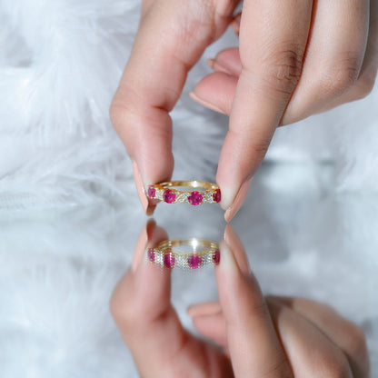 Natural Ruby Half Eternity Anniversary Band Ring with Diamond