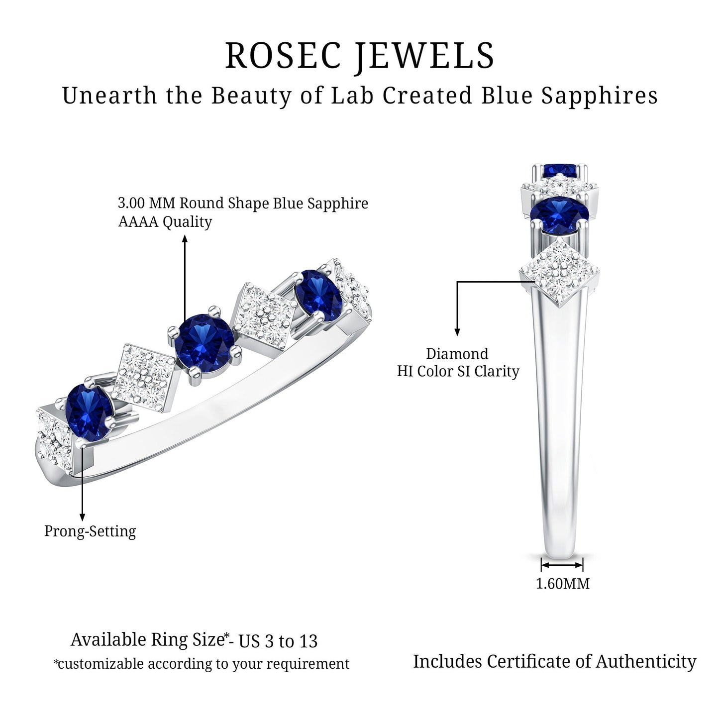Certified Lab Grown Blue Sapphire Diamond Half Eternity Ring for Women