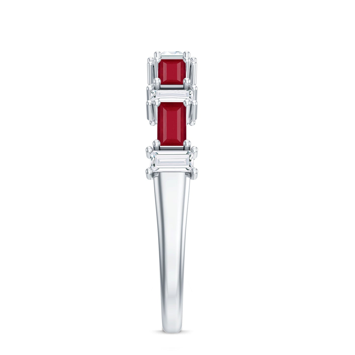 Baguette Cut Ruby Half Eternity Ring with Diamond Accent