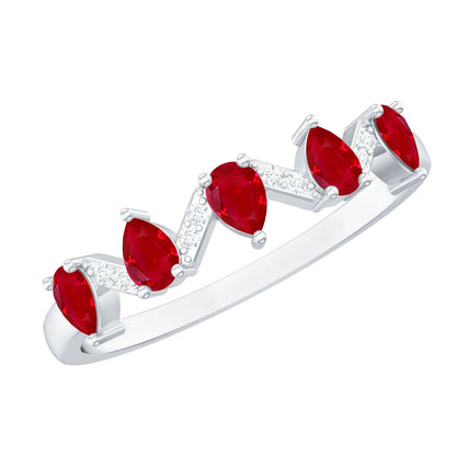 Natural Pear Shape Ruby Half Eternity Ring with Diamond for Women