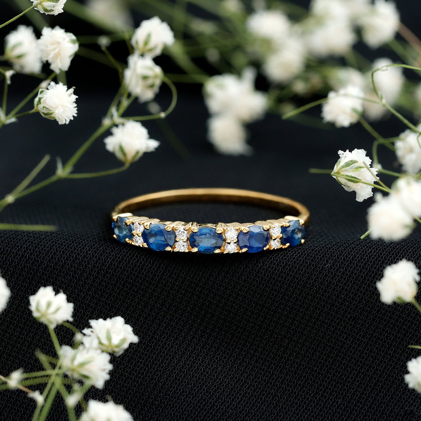 Natural 0.8 Carat Oval Blue Sapphire and Diamond Half Eternity Wedding Band