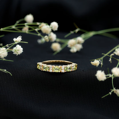 Natural Oval Peridot Diamond Half Eternity Ring in East West Style