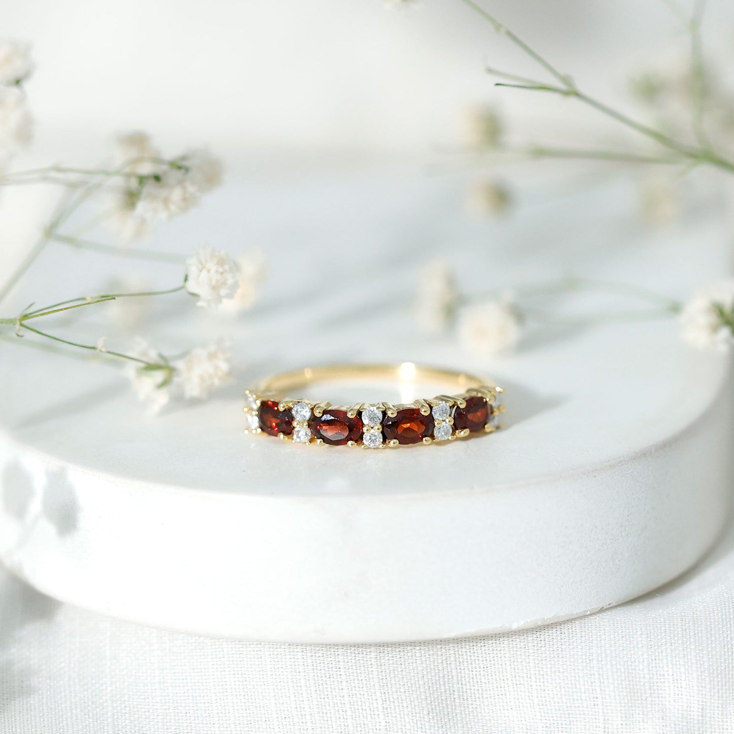 Natural Garnet Eternity Wedding Band in Yellow Gold Plated Silver
