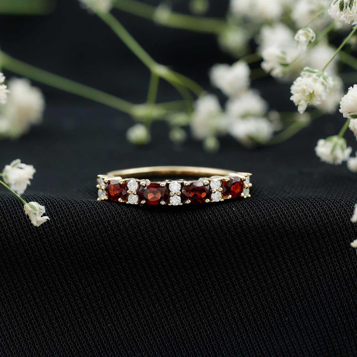 Natural Garnet Eternity Wedding Band in Yellow Gold Plated Silver