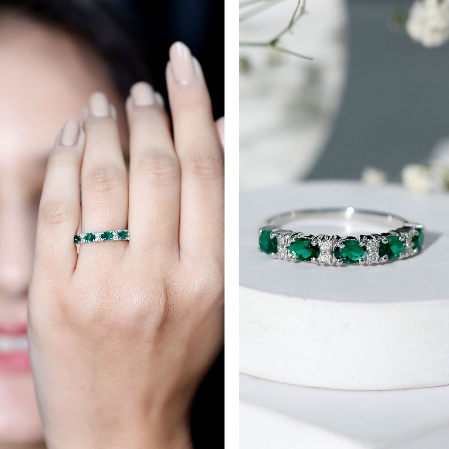 Certified Oval Lab Grown Emerald Half Eternity Ring with Diamond