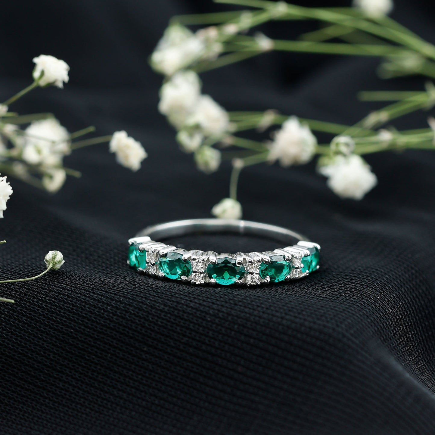 Certified Oval Lab Grown Emerald Half Eternity Ring with Diamond