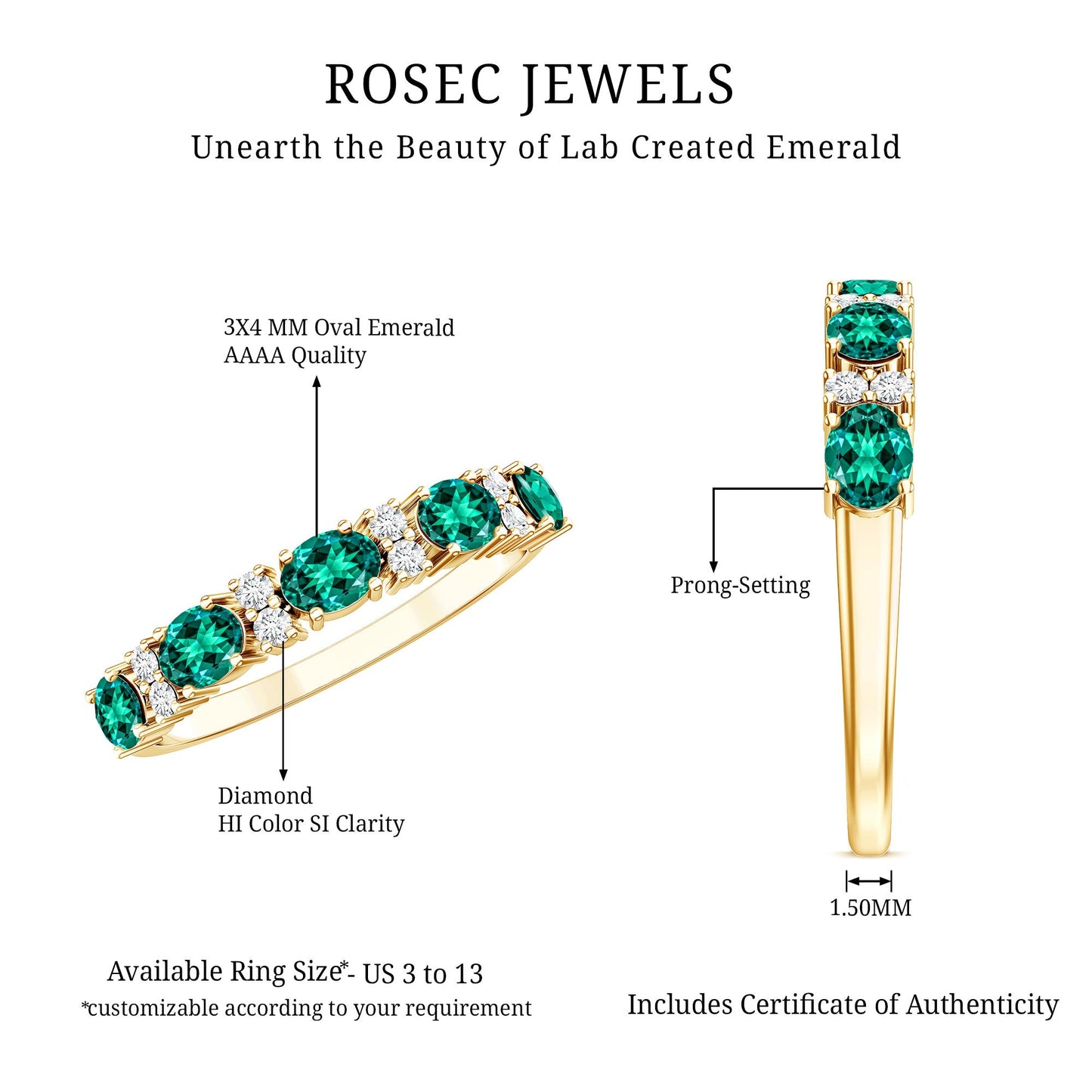 Certified Oval Lab Grown Emerald Half Eternity Ring with Diamond