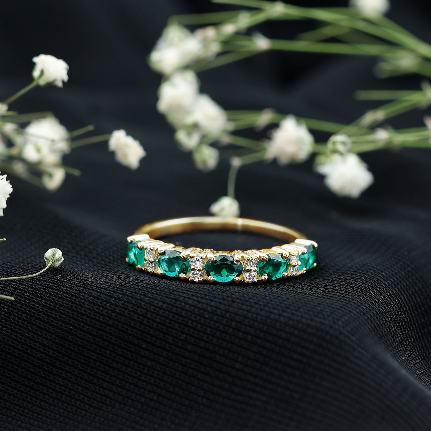 Certified Oval Lab Grown Emerald Half Eternity Ring with Diamond