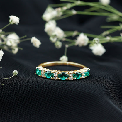 Certified Oval Lab Grown Emerald Half Eternity Ring with Diamond