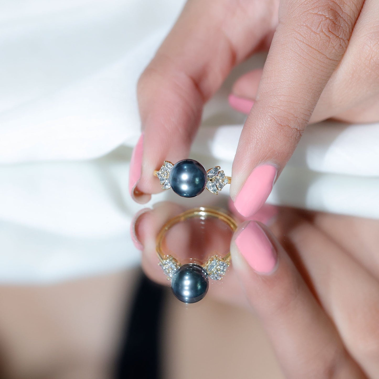Nature Inspired Tahitian Pearl Engagement Ring with Diamond