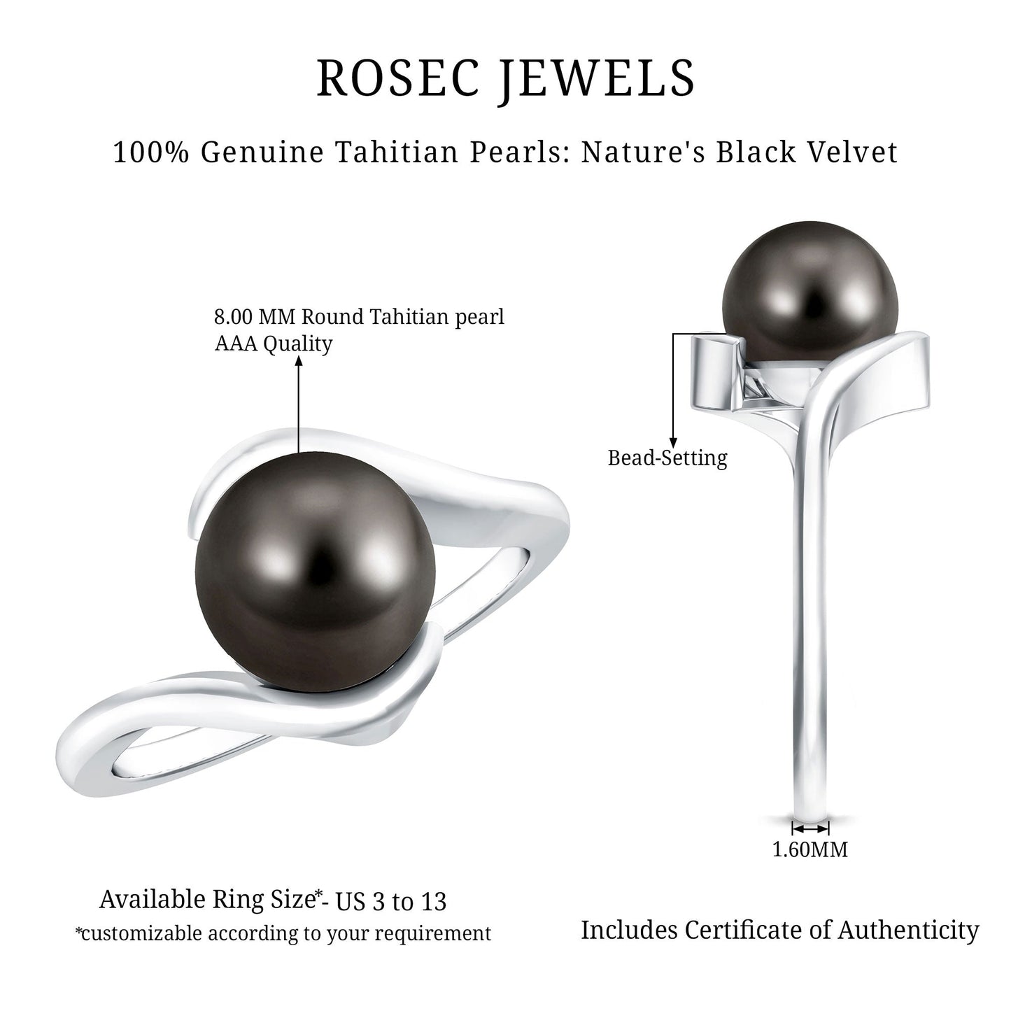 7.5 Carat Certified Tahitian Black Pearl Solitaire Bypass Ring