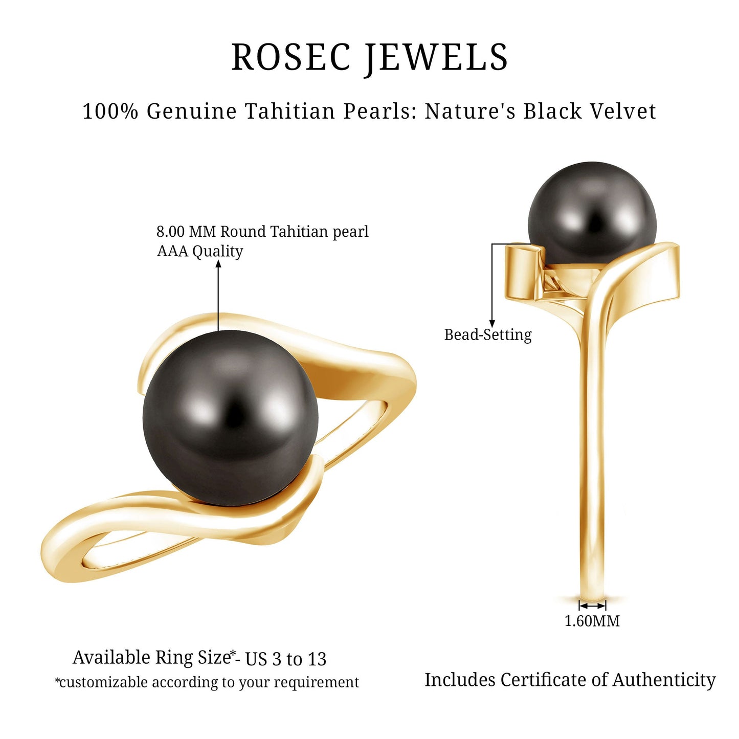 7.5 Carat Certified Tahitian Black Pearl Solitaire Bypass Ring