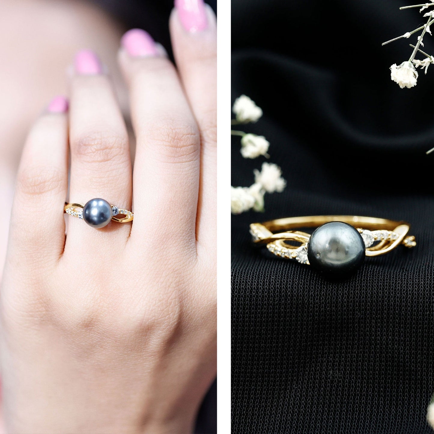 Tahitian Pearl and Diamond Crossover Engagement Ring