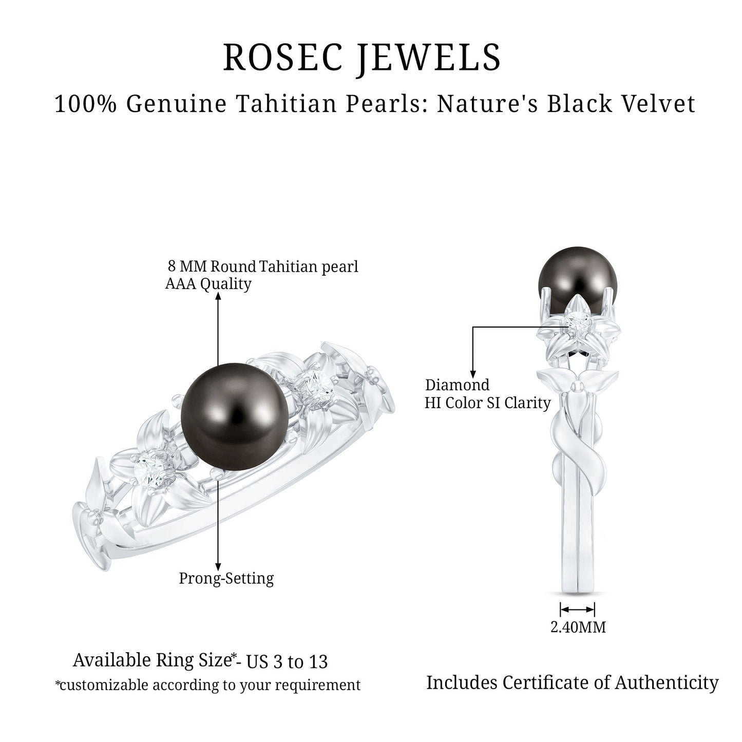 7.5 Carat Genuine Tahitian Black Pearl Flower Engagement Ring with Diamond