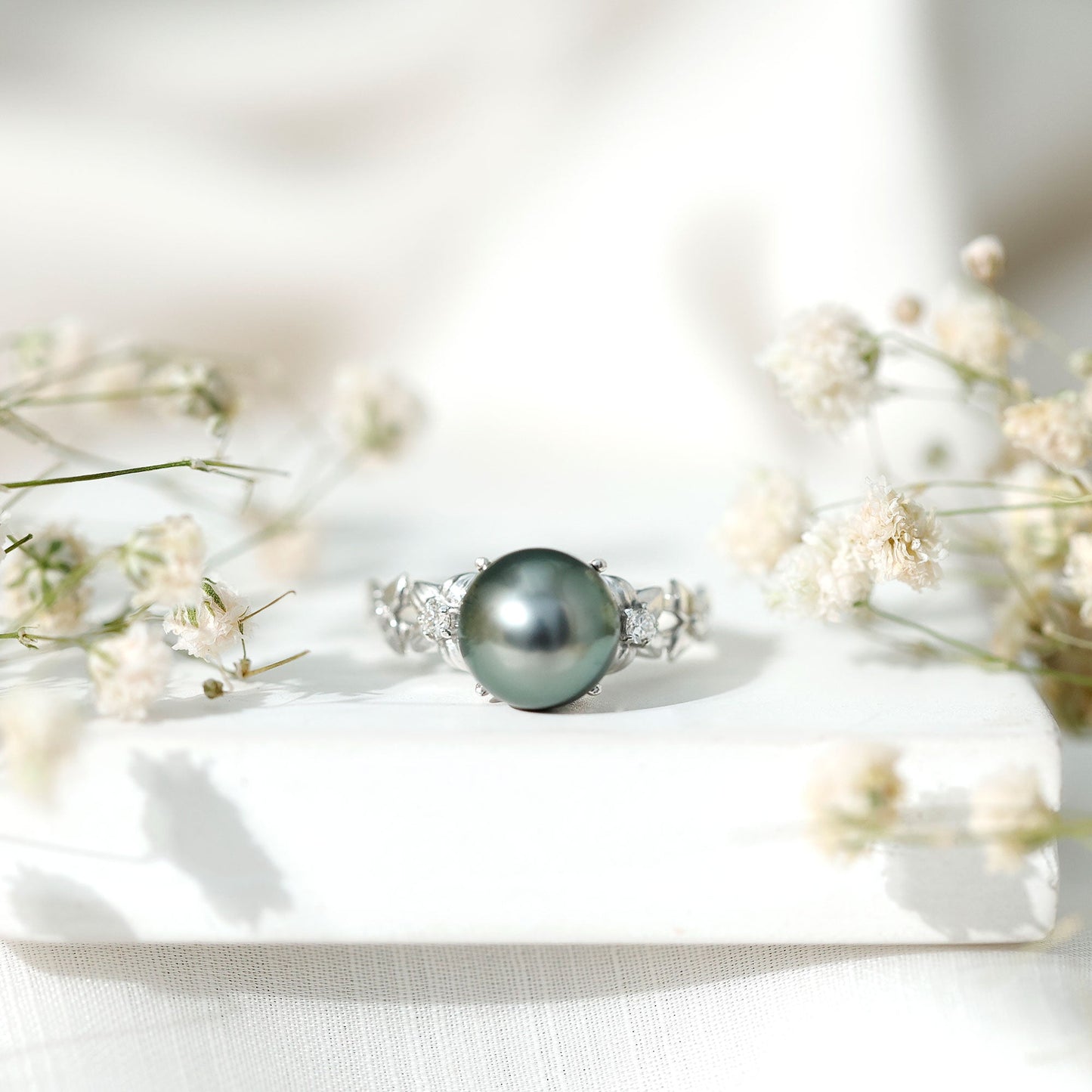 7.5 Carat Genuine Tahitian Black Pearl Flower Engagement Ring with Diamond