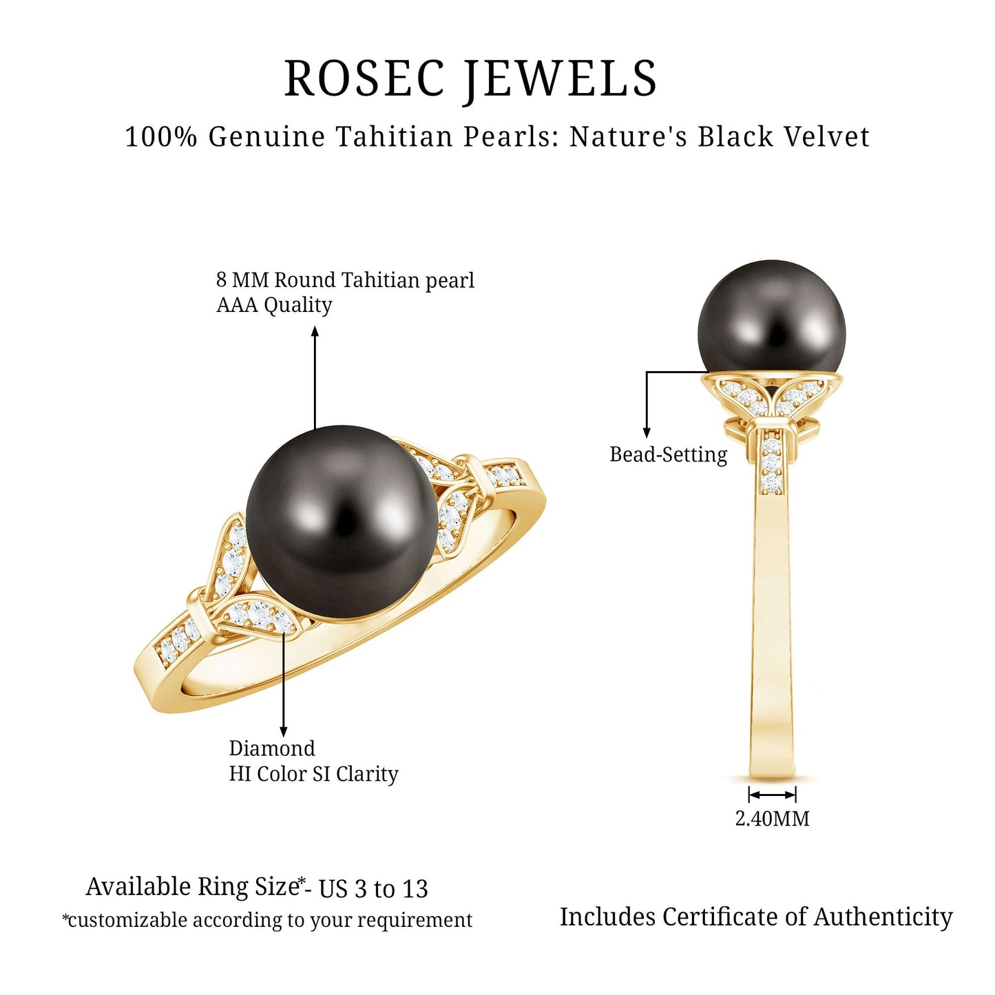 Tahitian Pearl and Diamond Engagement Ring with Split Shank
