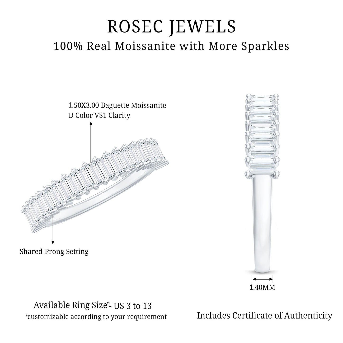 Certified Baguette Cut Moissanite Half Eternity Band Ring