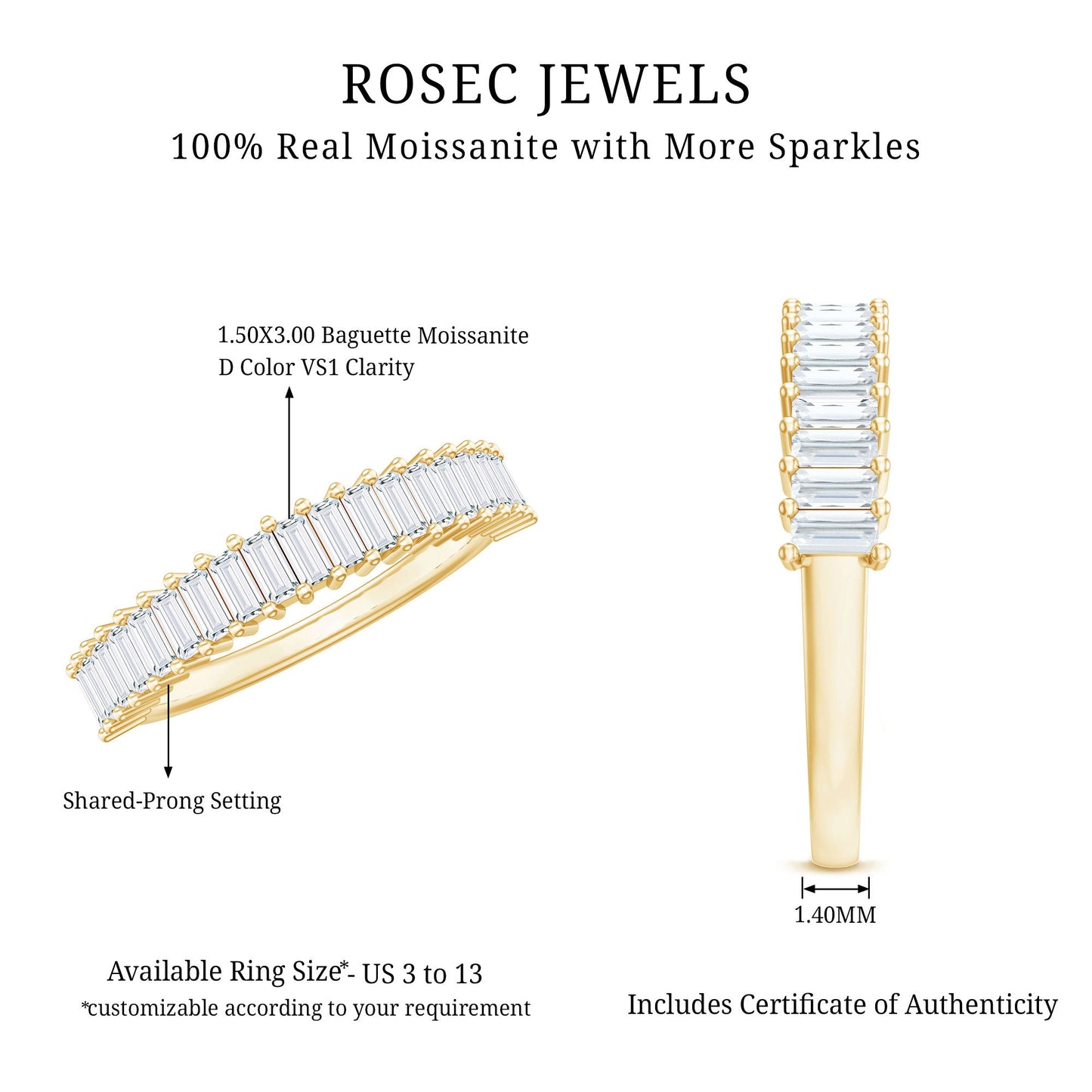 Certified Baguette Cut Moissanite Half Eternity Band Ring