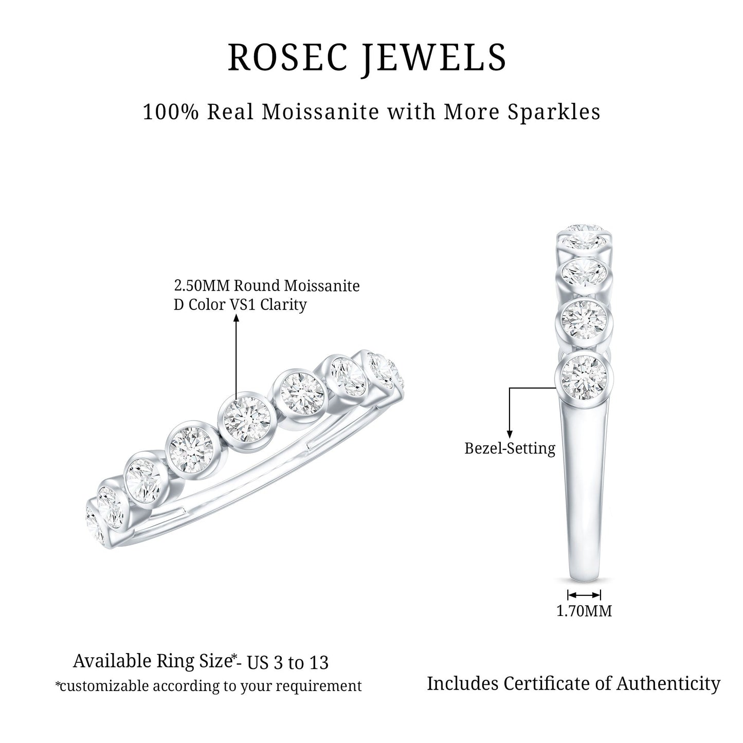 Bezel Set Moissanite Half Eternity Band Ring