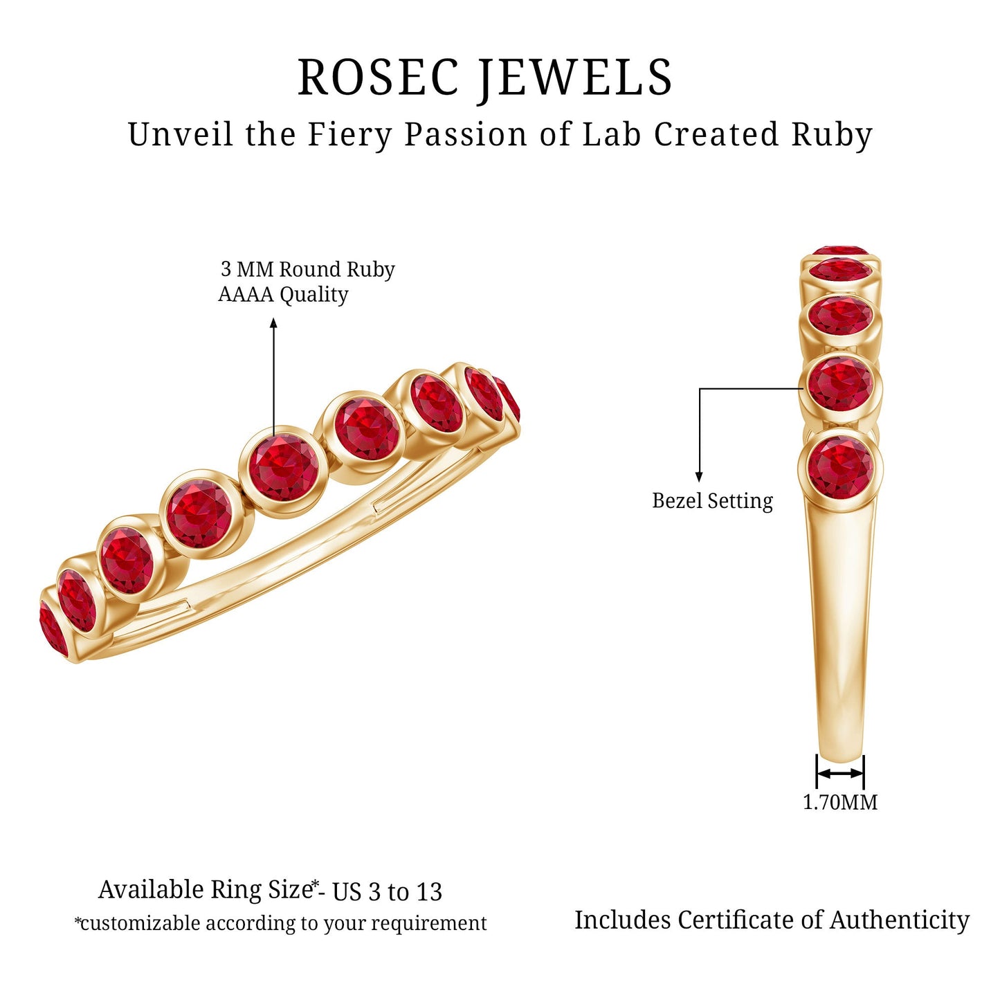 Minimal Created Ruby Half Eternity Ring in Bezel Setting